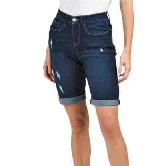 New Royalty High Rise Roll Cuff Destructed Denim Slim Bermuda Jean Shorts - Picture 1 of 6